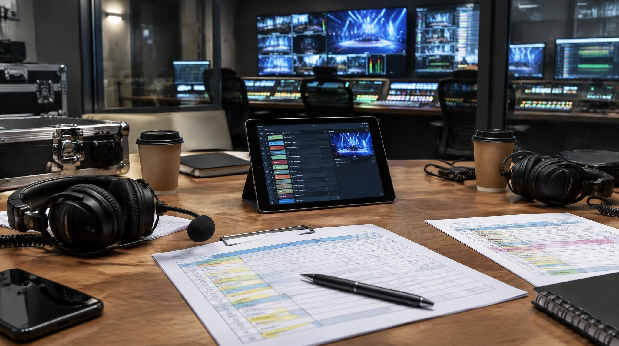 Production crew meeting around a table with headsets and notes