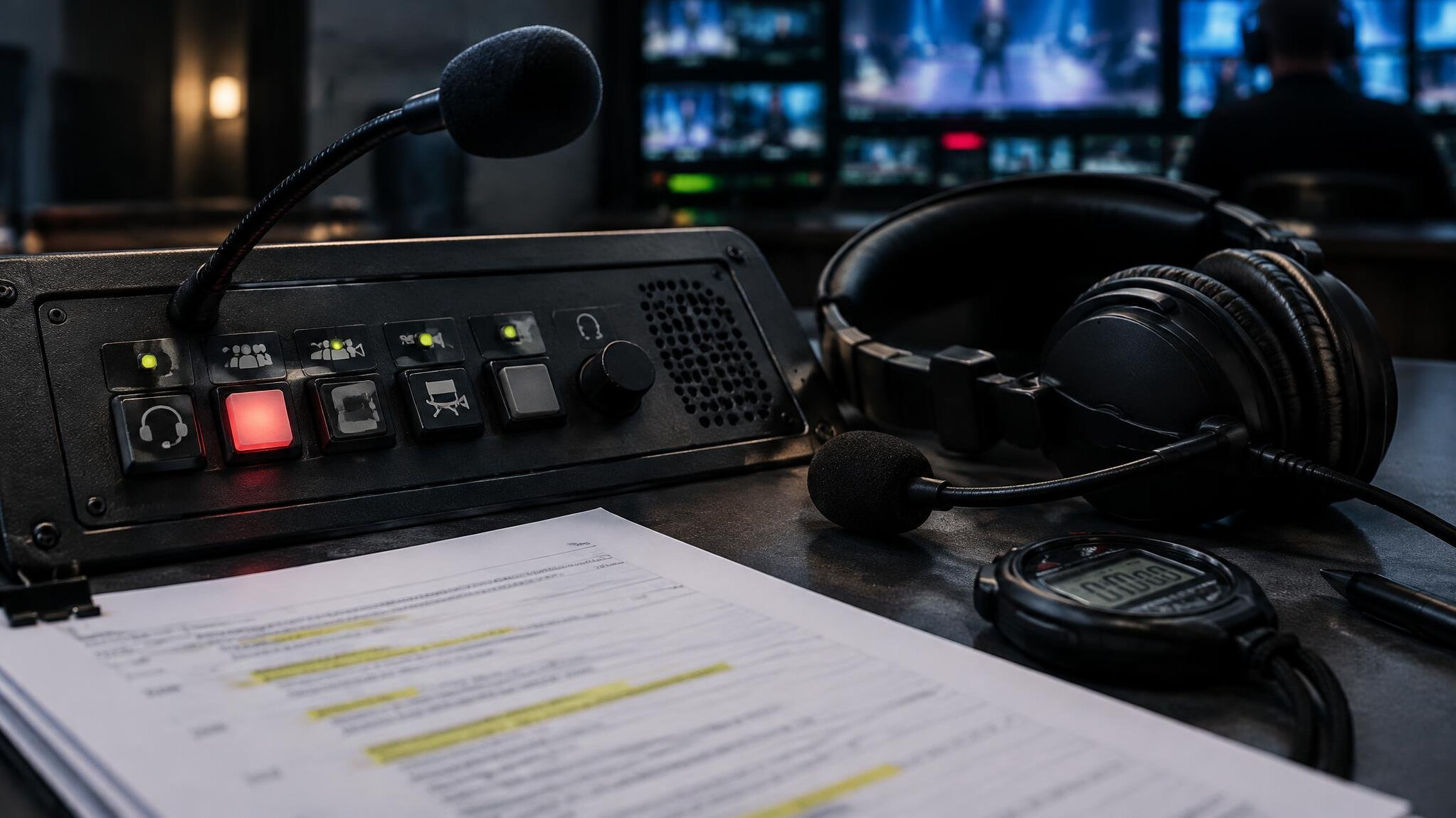 Production intercom panel and headset on a control room desk