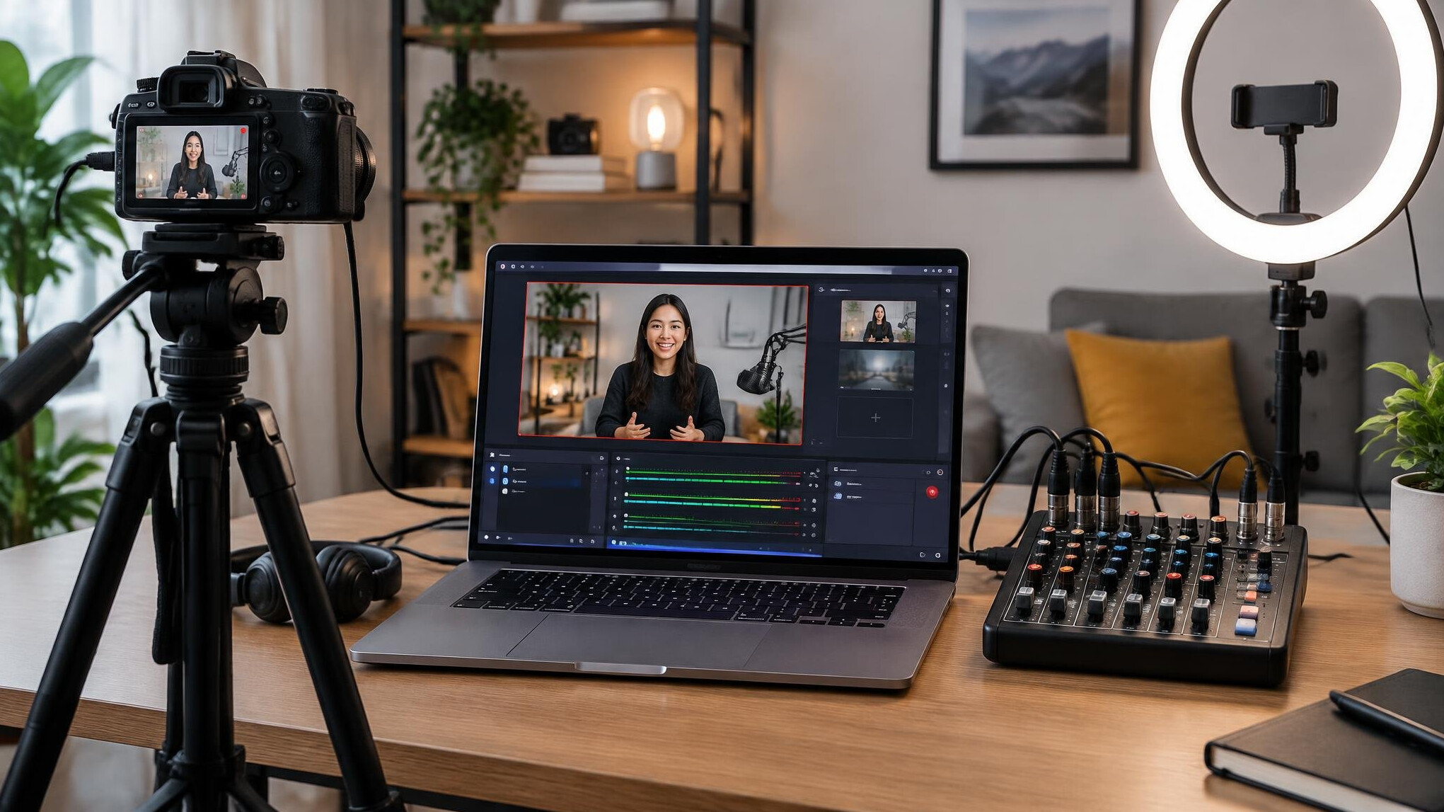 Streaming production setup with laptop encoder and camera