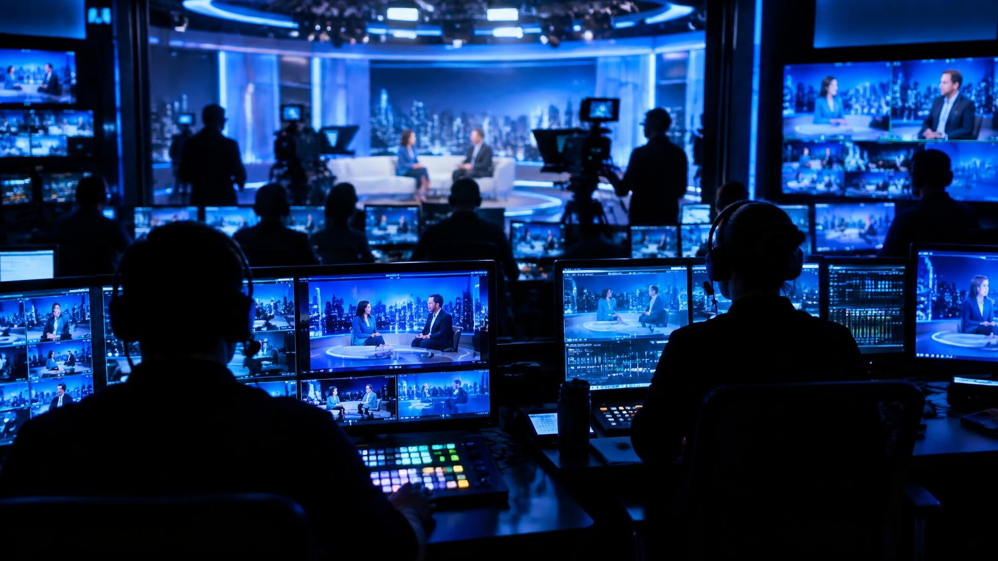 Full multi-camera television gallery during a live show