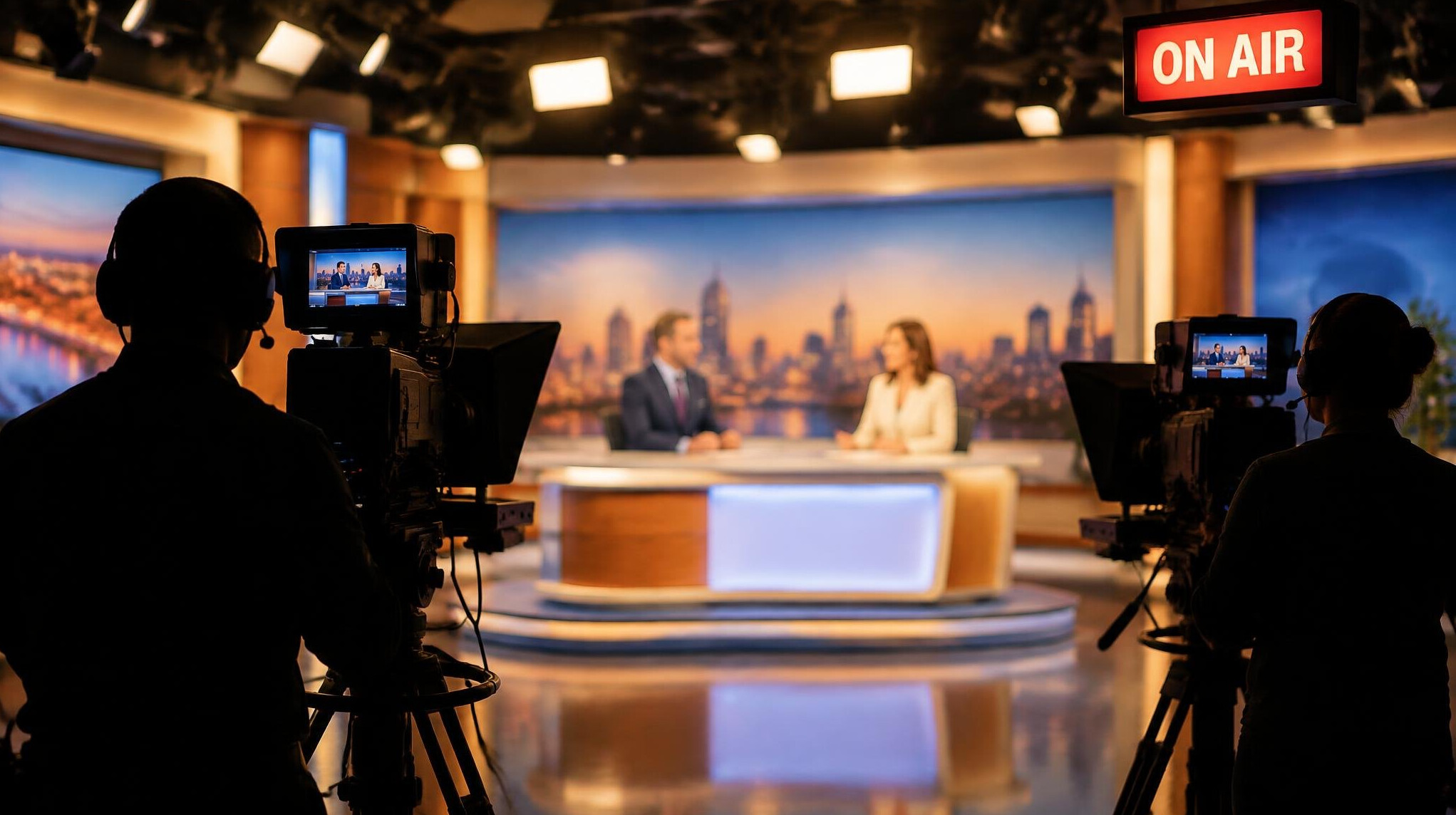 Live television studio with an on-air light glowing red