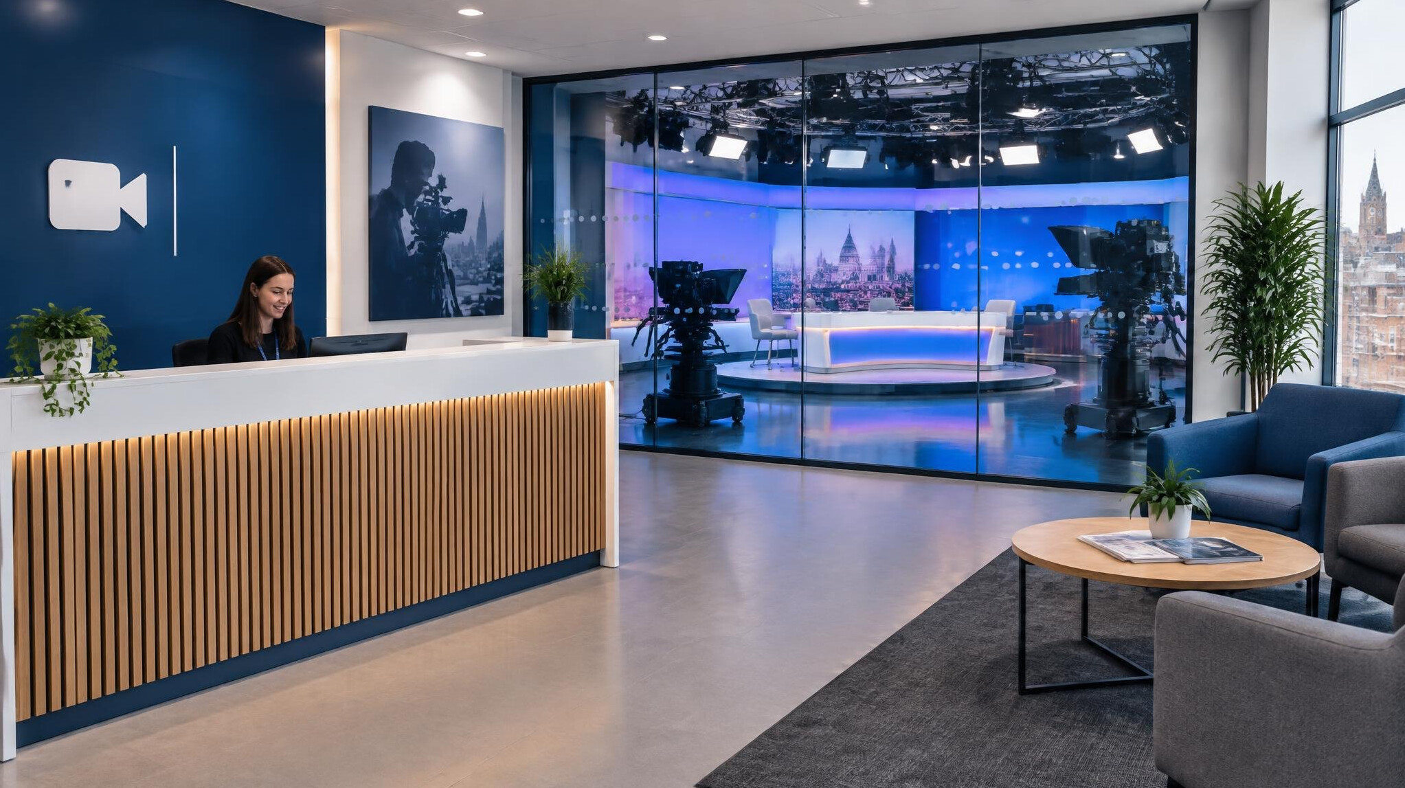 Reception area of a broadcast training centre with studio visible through glass