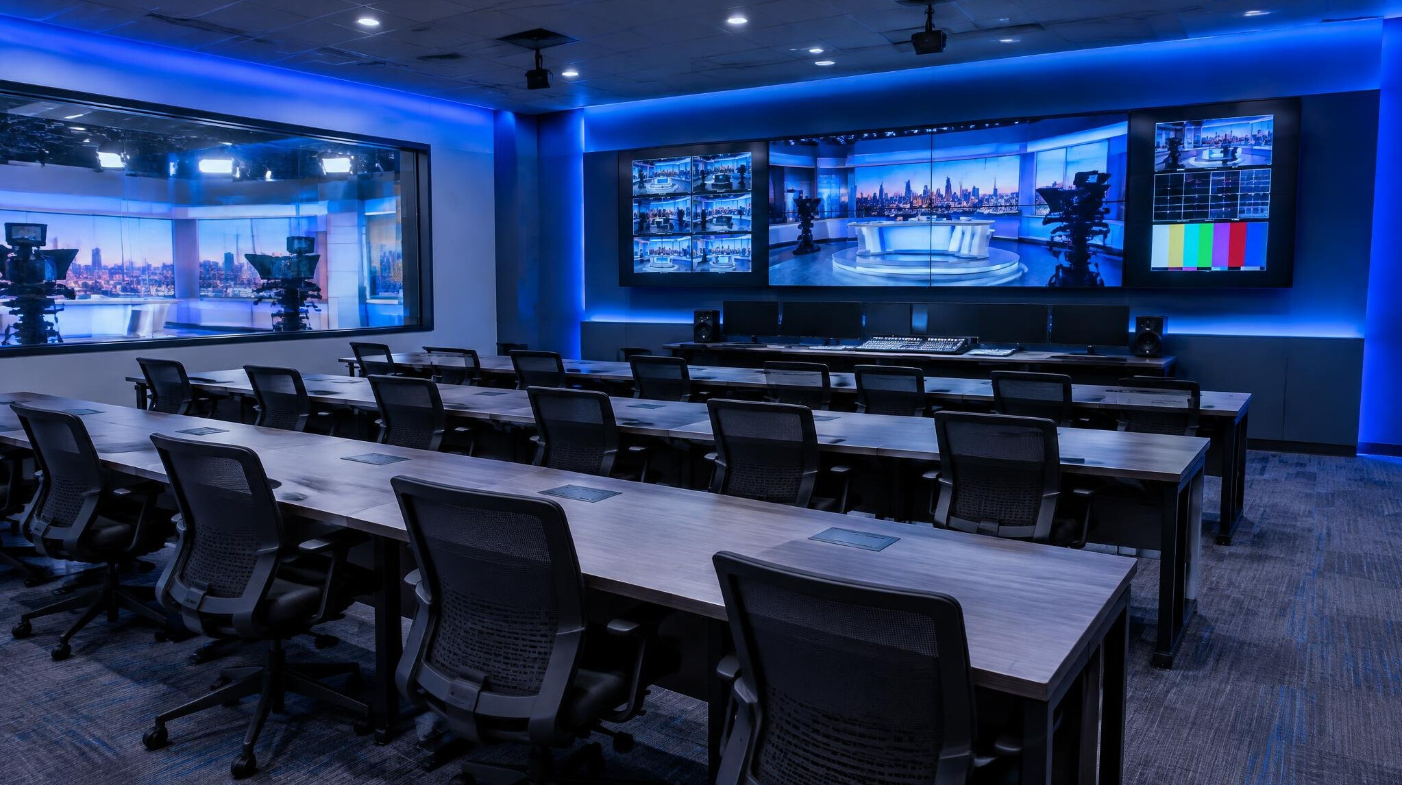 Training studio gallery with students watching a wall of monitors
