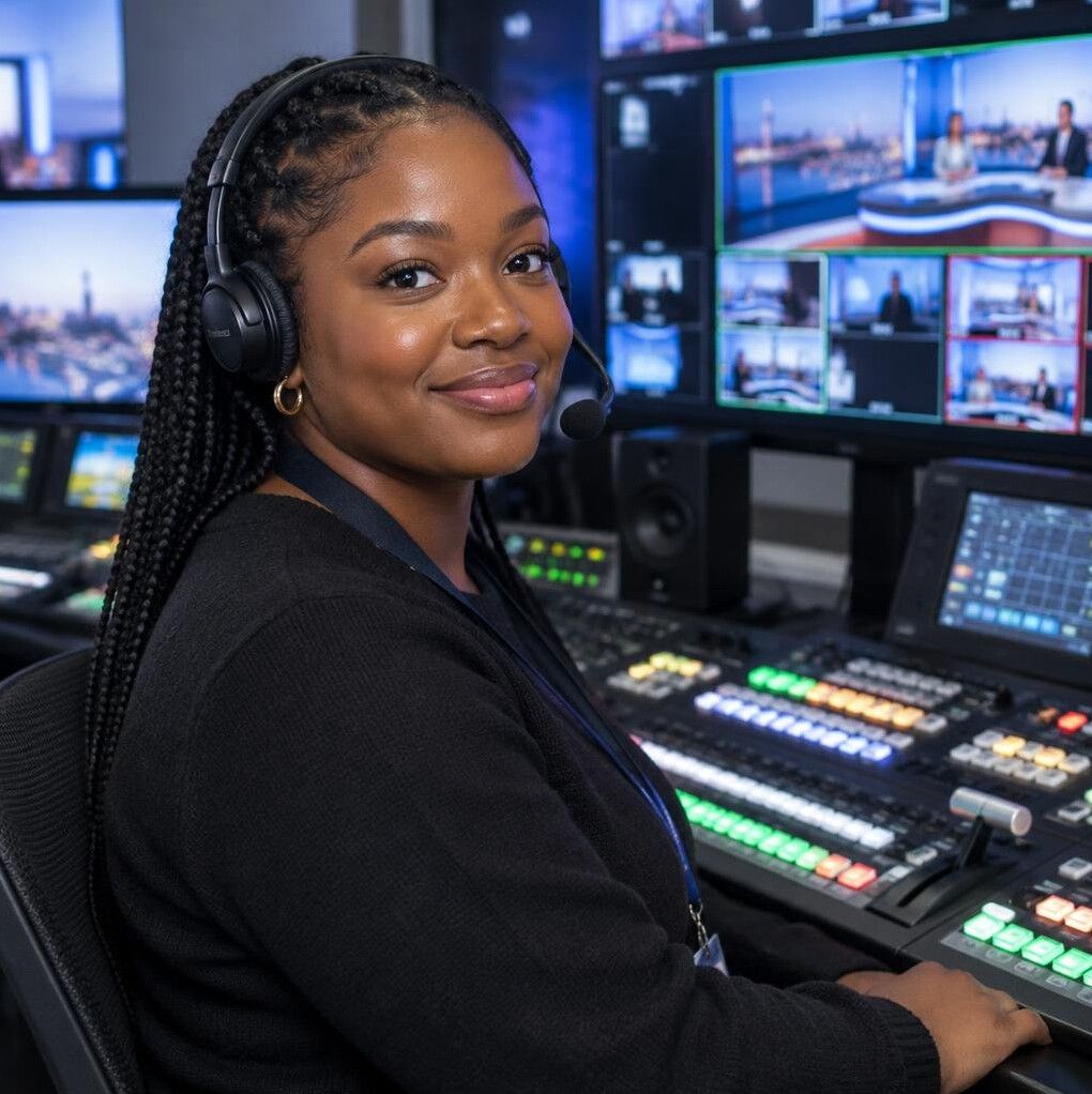Young woman wearing a headset at a vision mixer in a control room